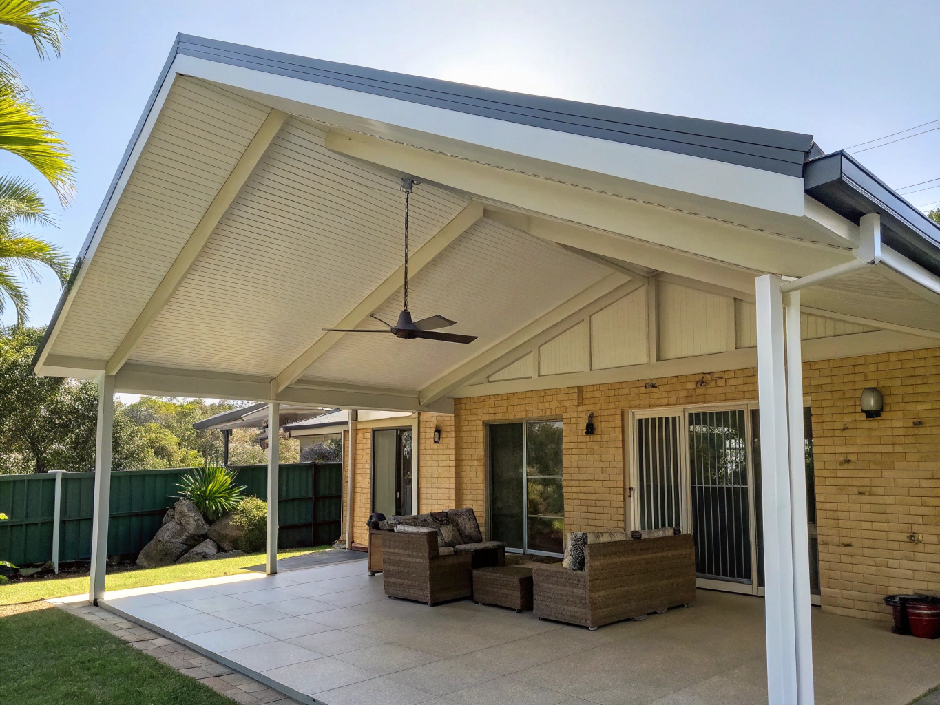 Colorbond covered outdoor patio with ceiling fan on a Sunshine Coast home