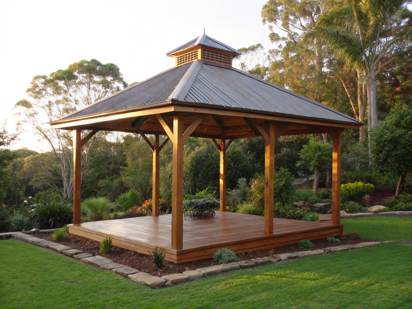 Hipped roof timber garden gazebo in a Sunshine Coast backyard
