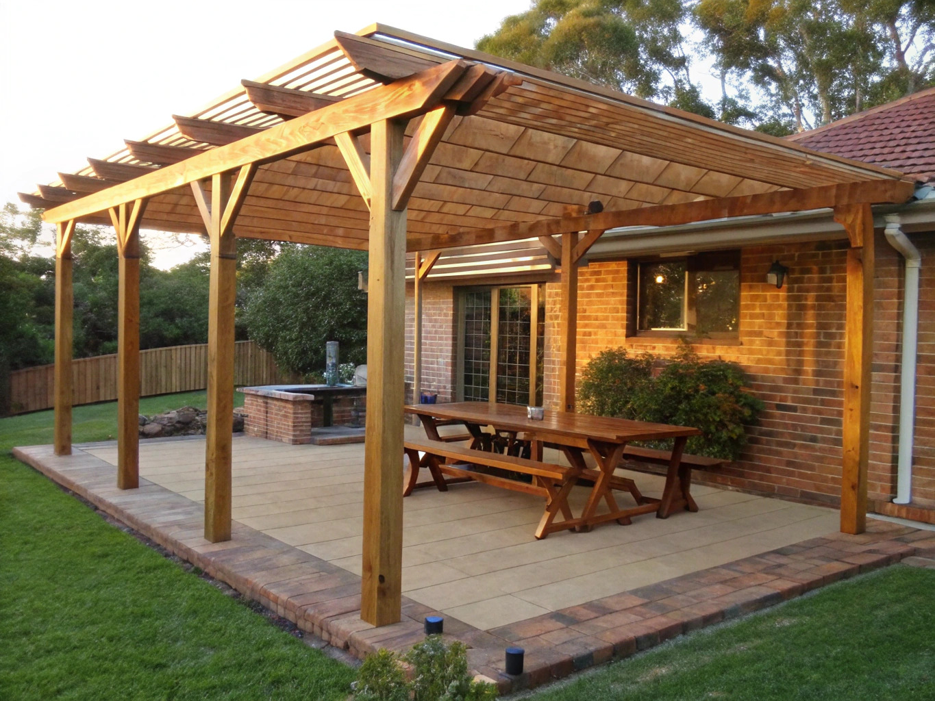 Open rafter timber pergola over an outdoor dining area on a Sunshine Coast home