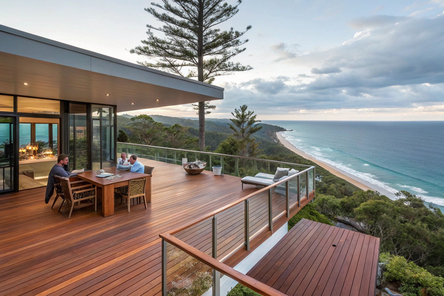Professional treated pine decking installation on Sunshine Coast home with ocean views and family entertaining
