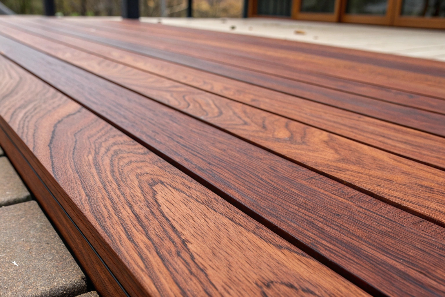 Close-up of premium Merbau timber showing distinctive red-brown colouring and natural grain patterns