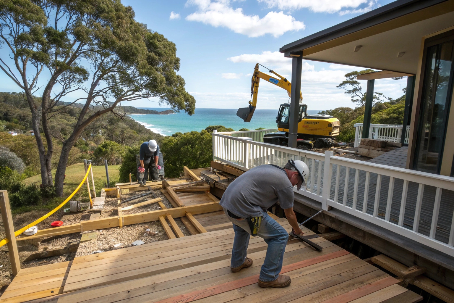 Systematic deck demolition showing professional removal techniques and proper equipment on Sunshine Coast property