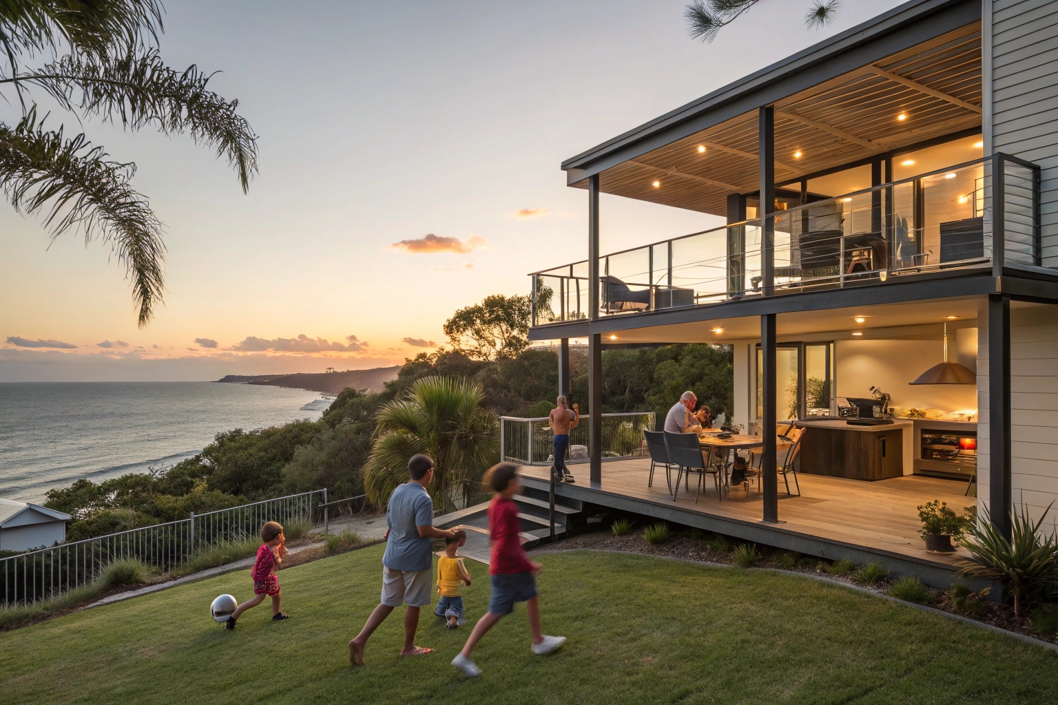 Family entertaining on multi-level deck showing separate zones for different activities