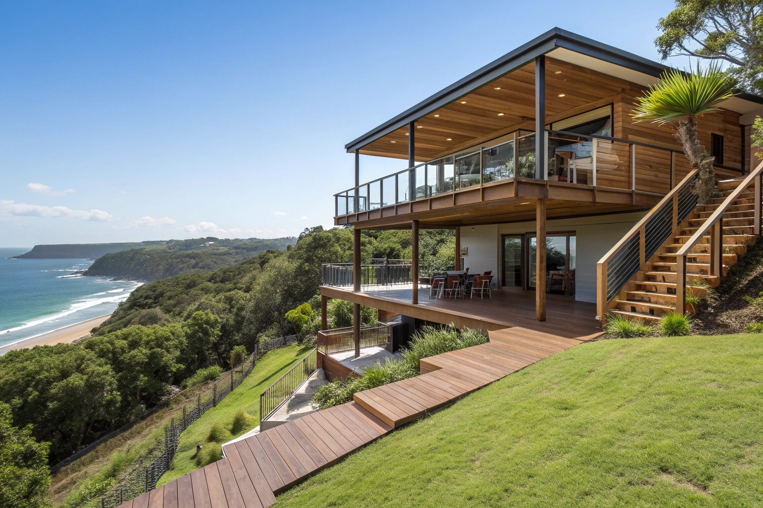 Multi-level deck built on Sunshine Coast sloping block showing three distinct levels for entertaining