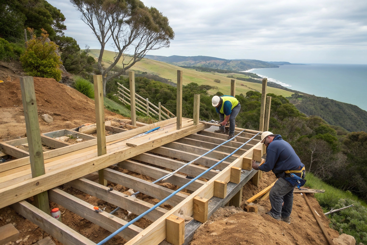 Multi-level deck construction showing specialised engineering for Sunshine Coast sloping blocks
