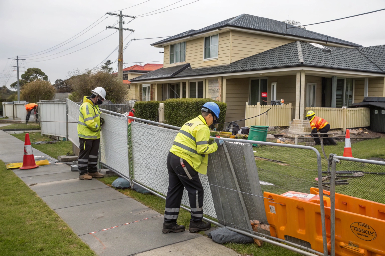 Professional deck demolition crew setting up safety barriers and protective equipment on Sunshine Coast residential property