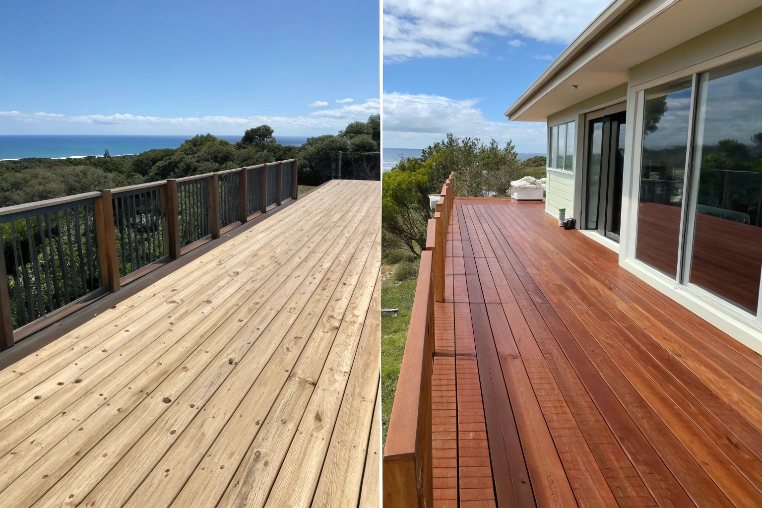 Before and after treated pine deck staining transformation showing professional finishing results