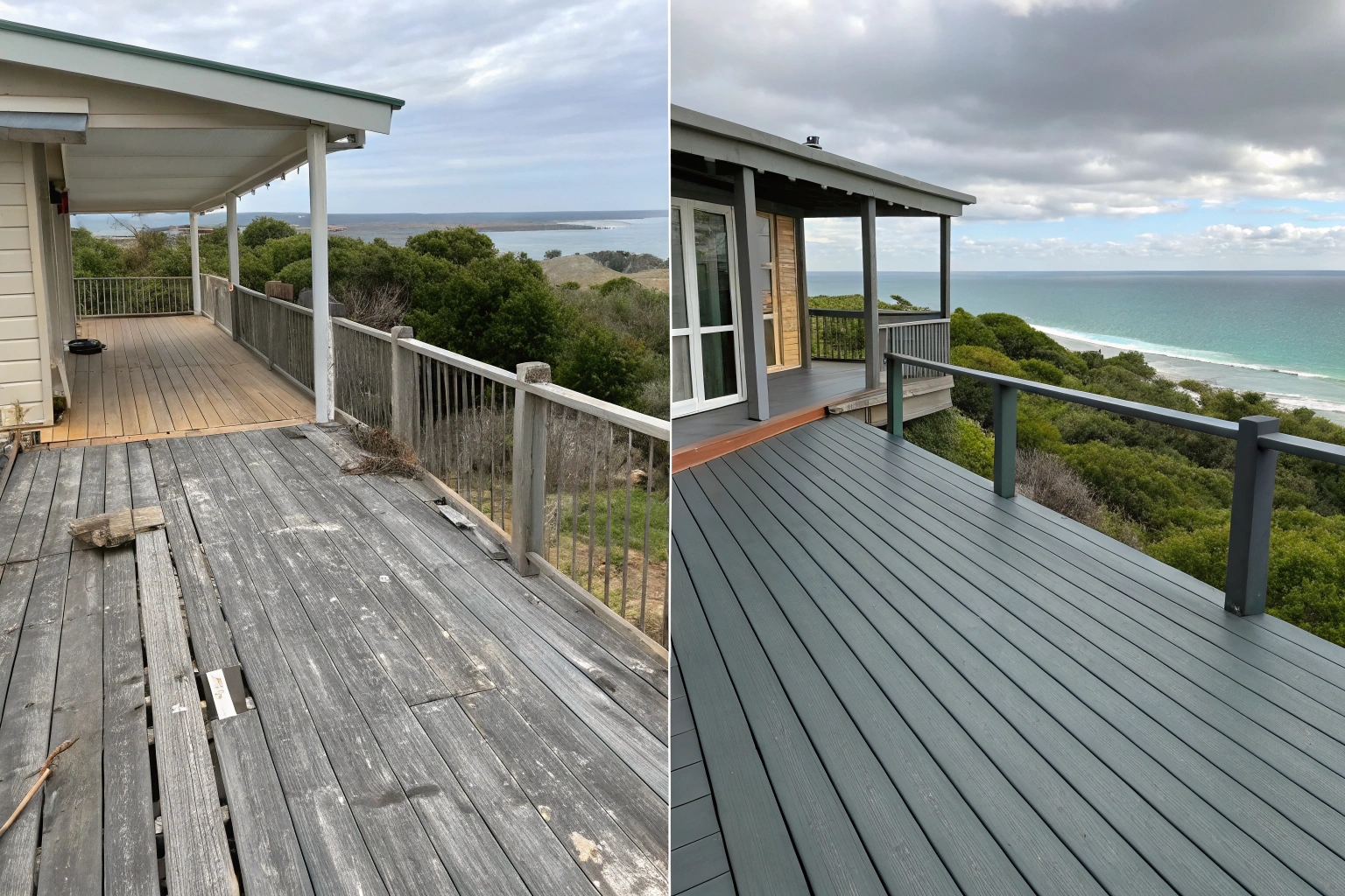Before and after deck restoration showing weathered deck transformed to beautiful condition on Sunshine Coast property