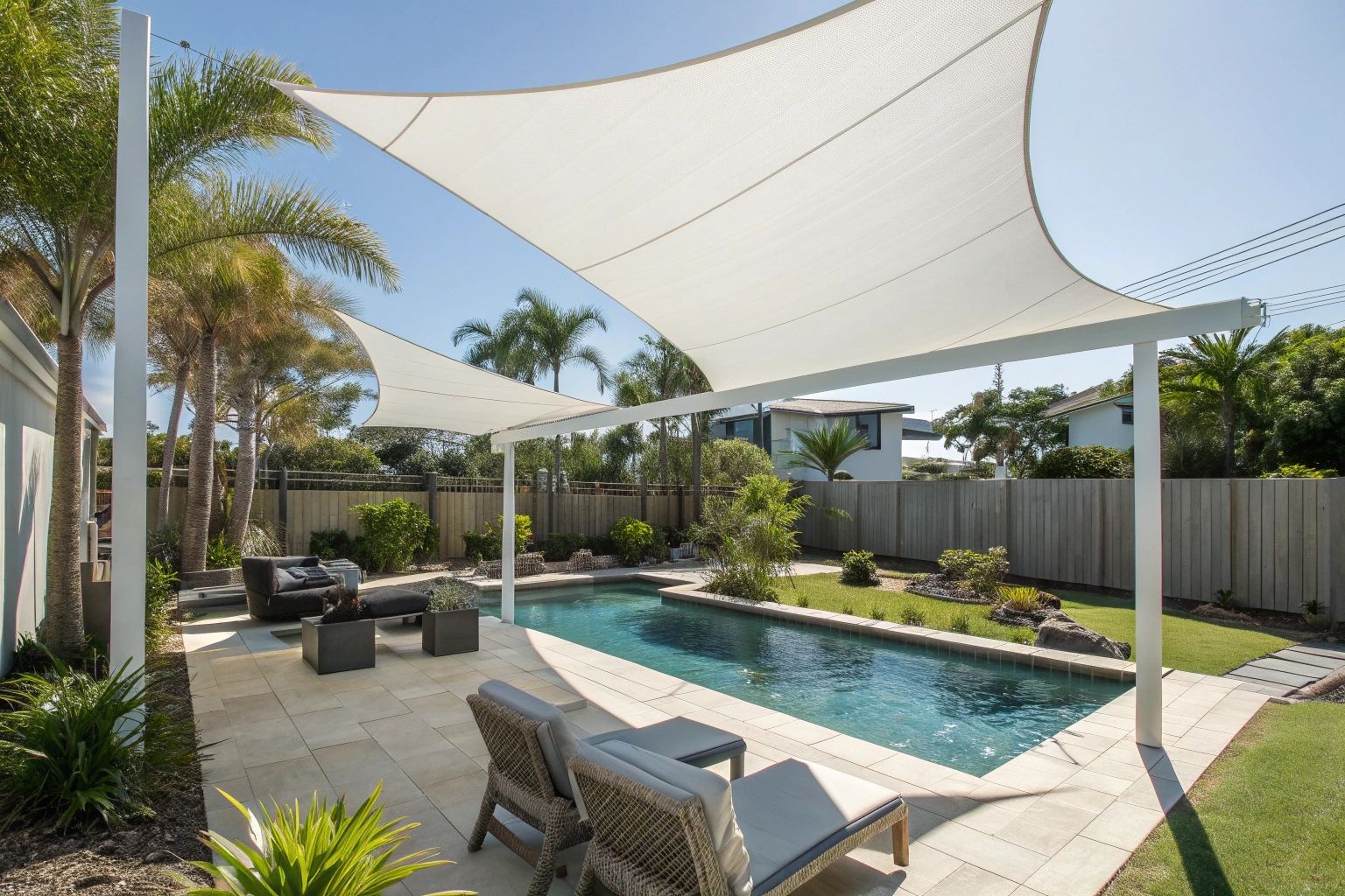 Sail shade structure installation over pool area providing UV protection