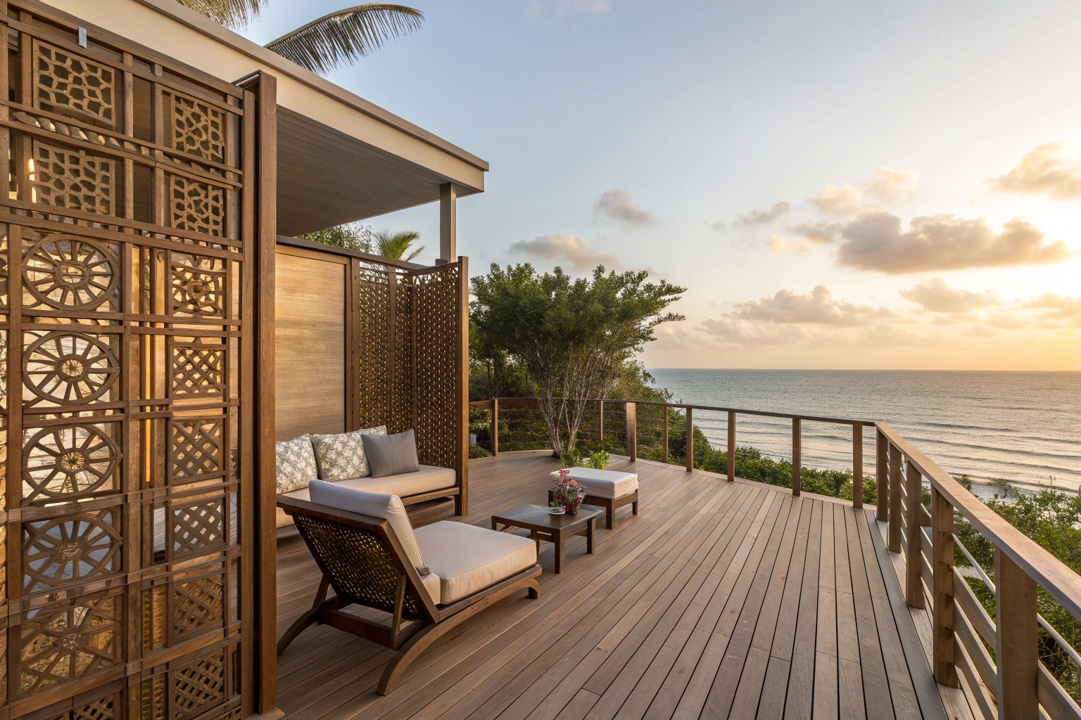Timber deck with timber privacy walls and ocean views on Sunshine Coast