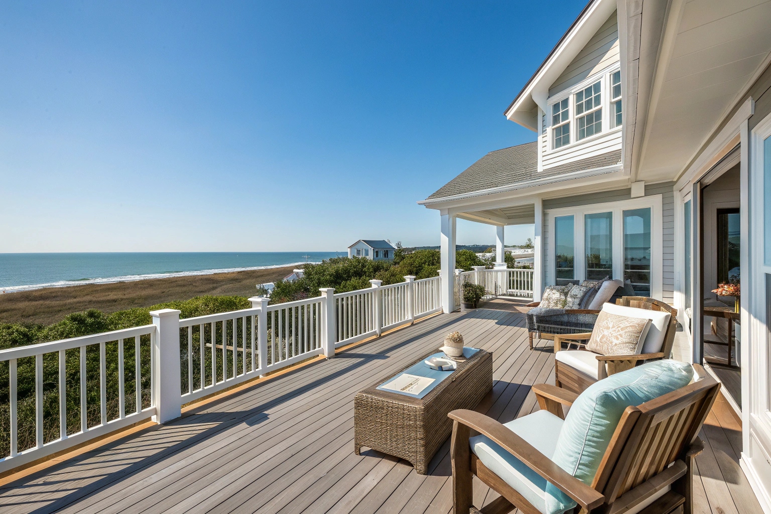 Coastal Sunshine Coast deck with timber balustrades creating safe outdoor entertaining area