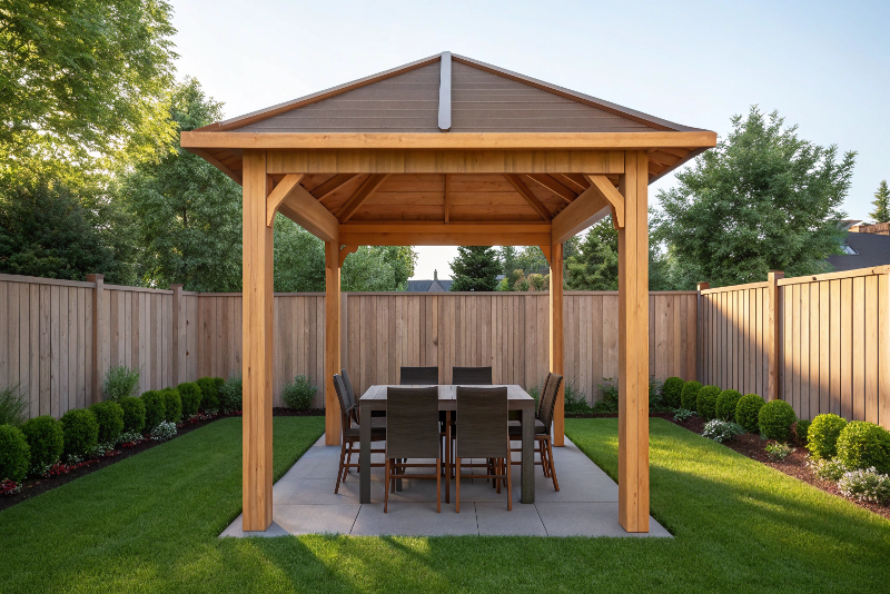 OPEN TIMBER GAZEBO WITH SEATING