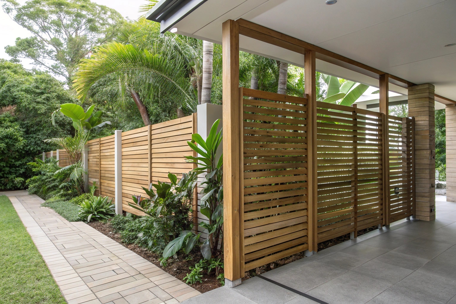 Vertical timber privacy screening creating intimate outdoor space in Sunshine Coast backyard