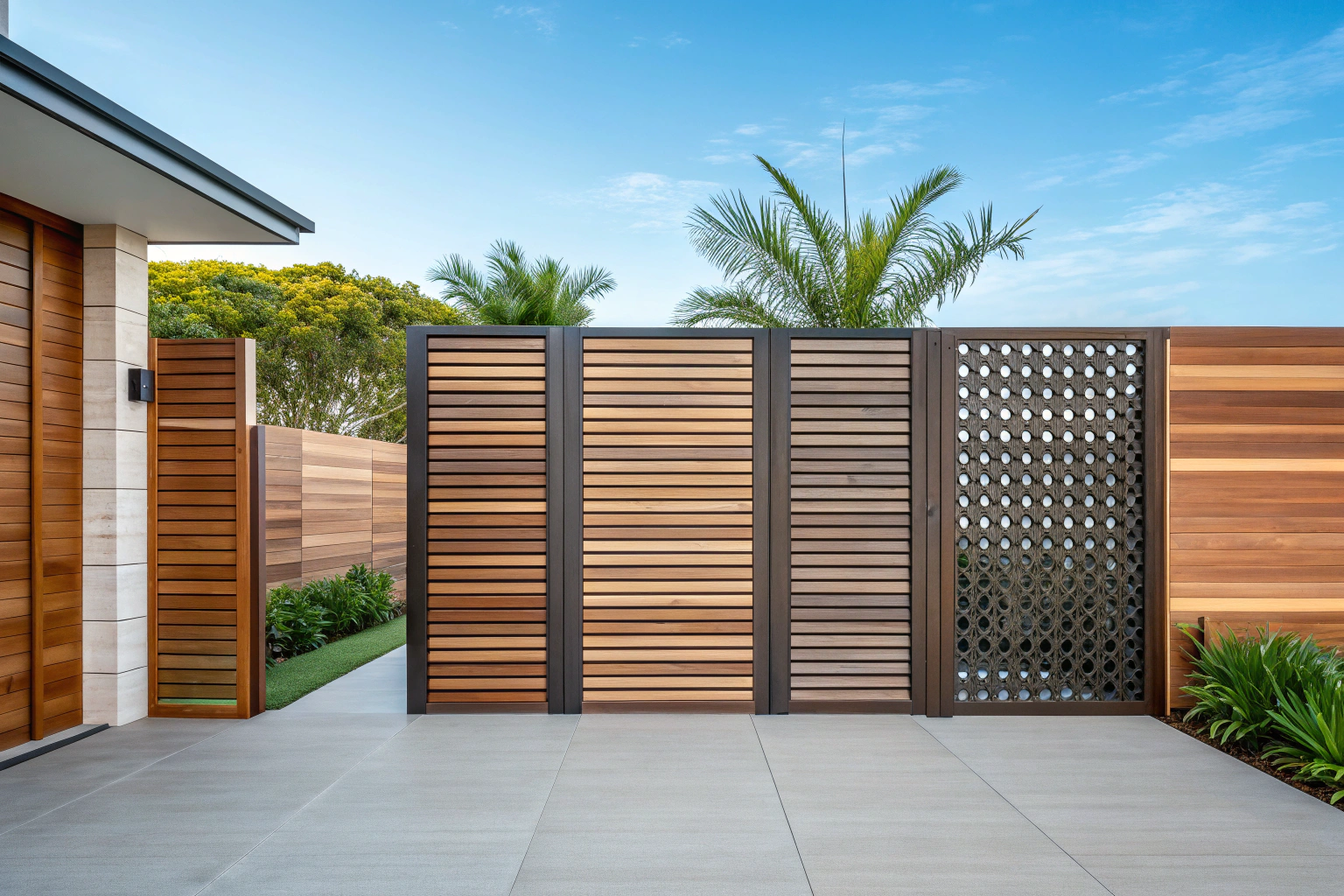 Modern Australian coastal home backyard showing timber privacy screening design