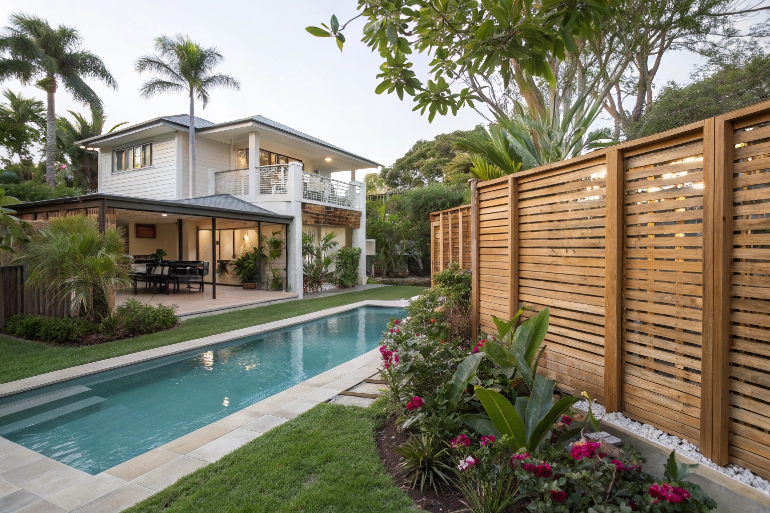 Privacy screen installation around pool area on Sunshine Coast property