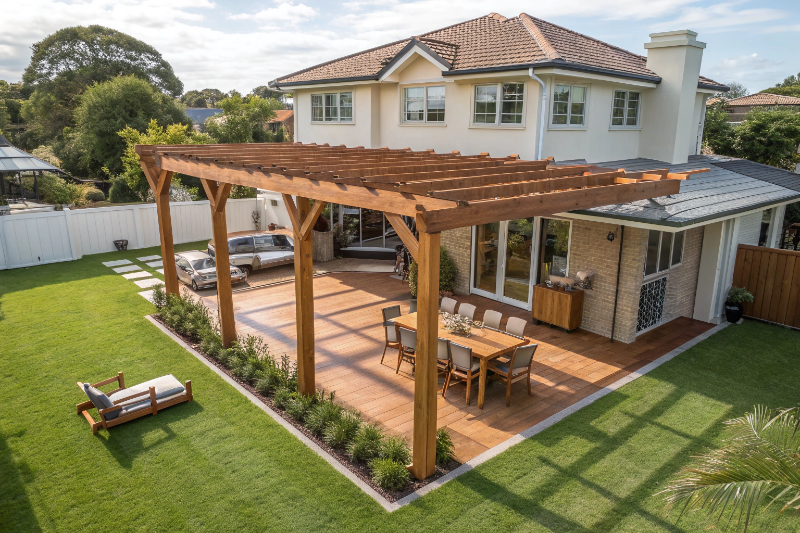 Custom hardwood timber pergola with outdoor furniture in Sunshine Coast backyard entertainment area