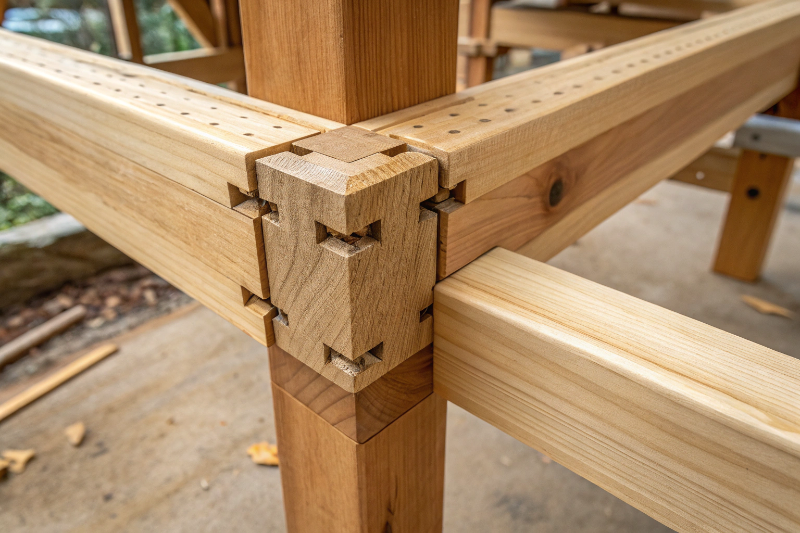 Traditional mortise and tenon joinery detail in Australian hardwood for Sunshine Coast gazebo construction
