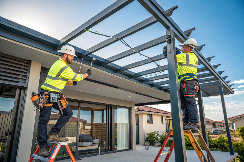 Licensed builders during professional patio cover installation on Sunshine Coast residential property