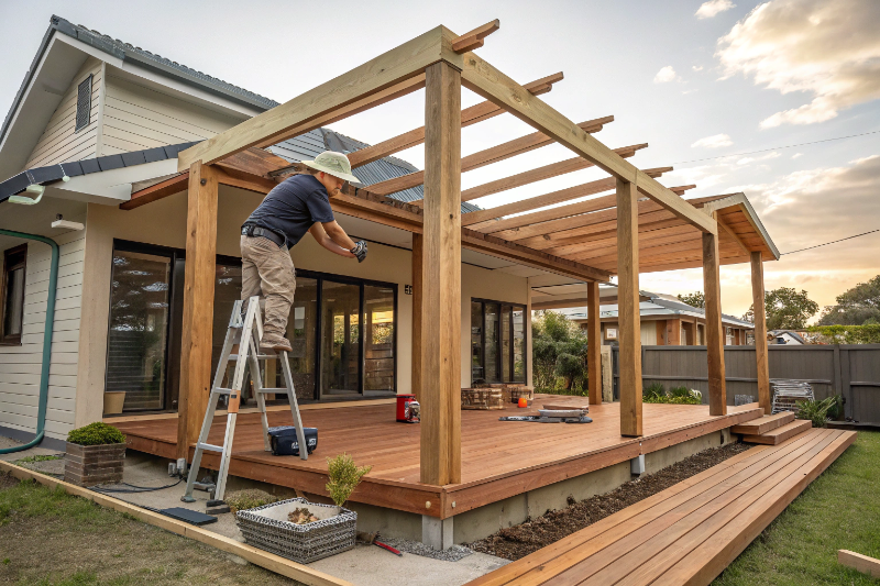 Verandah construction process Sunshine Coast showing timber framework and licensed builder at work