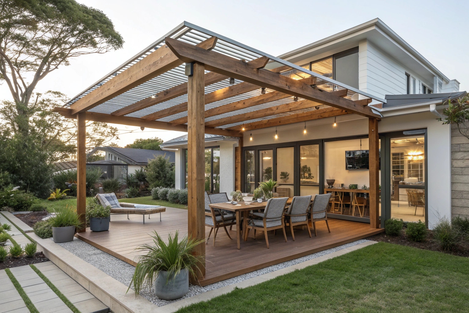Custom timber pergola with outdoor dining area on Sunshine Coast home
