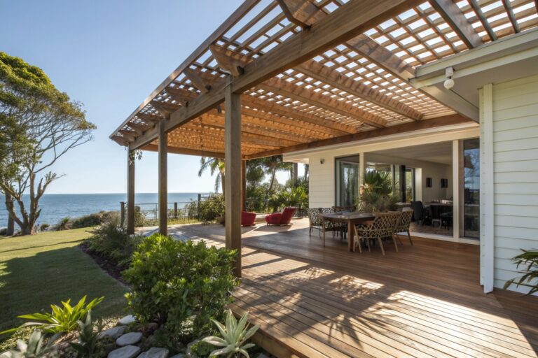 Timber pergola attached to a modern coastal deck