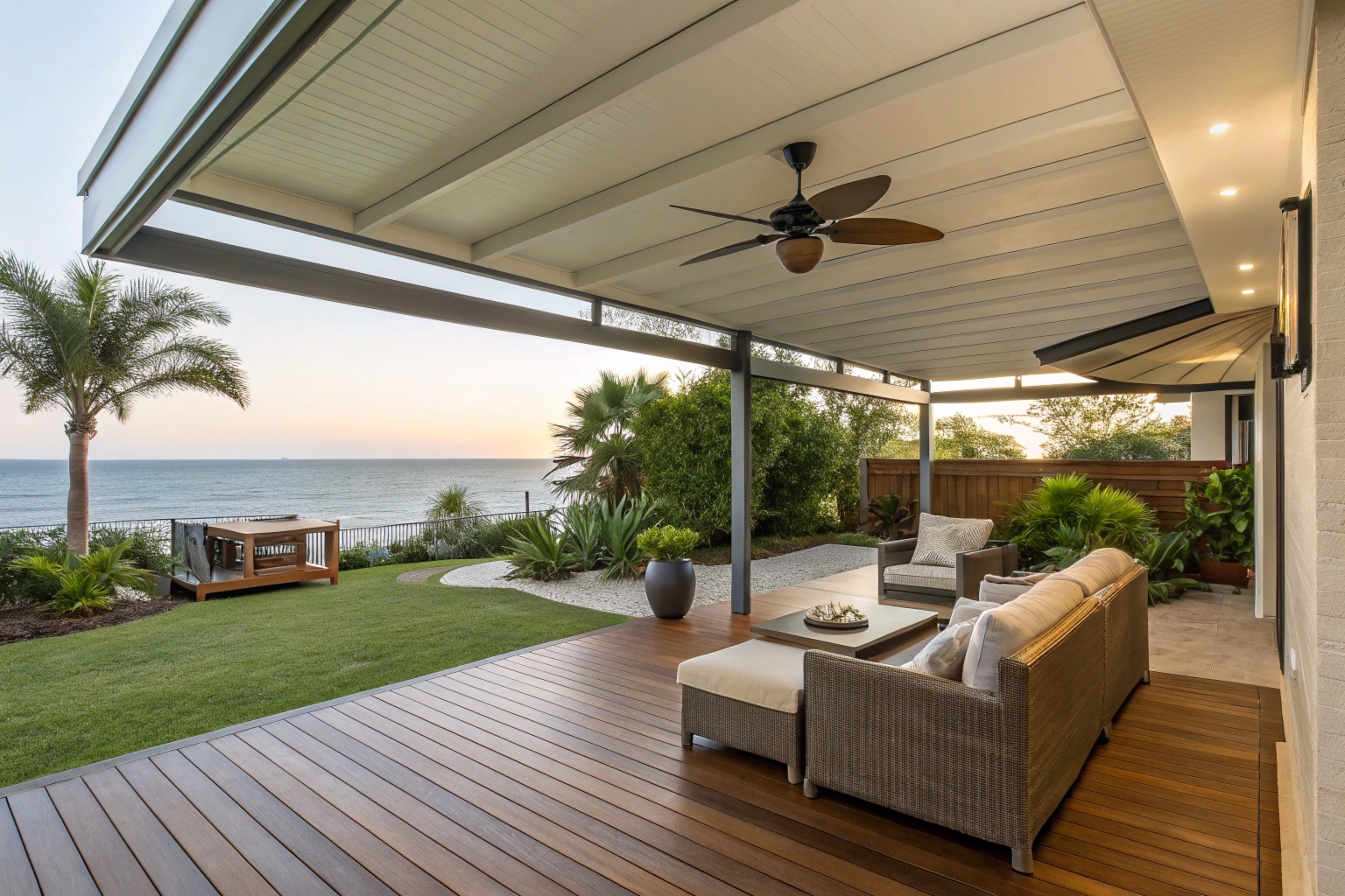 Insulated patio on Sunshine Coast coastal property with outdoor living space