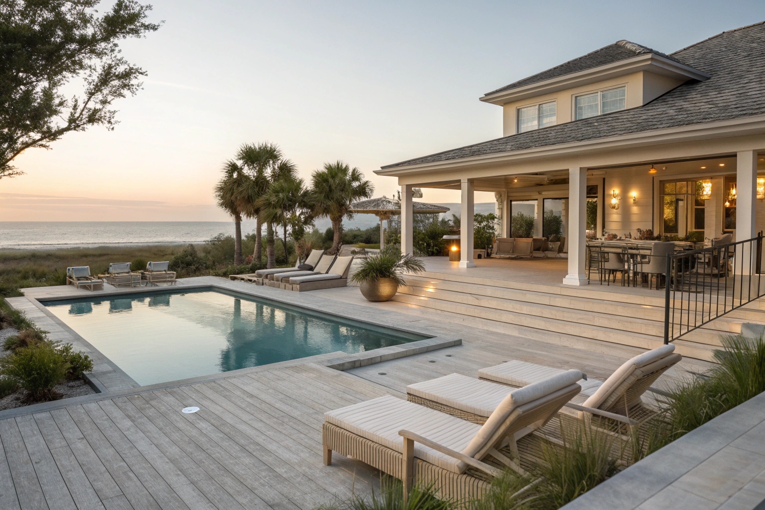 resort-style pool area featuring light-colored non-slip decking, built-in seating, and an outdoor entertainment space with a coastal home