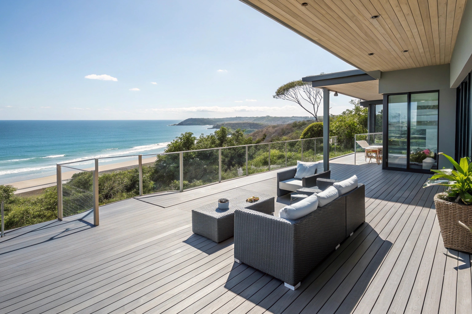 composite deck overlooking Sunshine Coast ocean views, contemporary outdoor furniture on grey composite decking