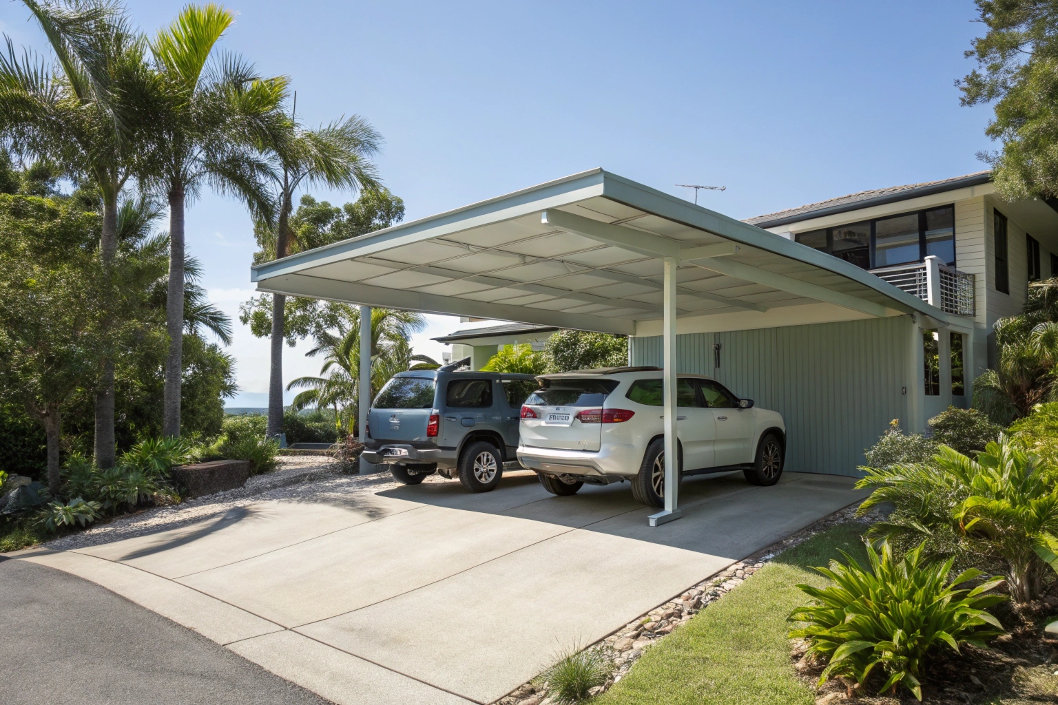 Double carport installation at Sunshine Coast home with steel frame and Colorbond roof