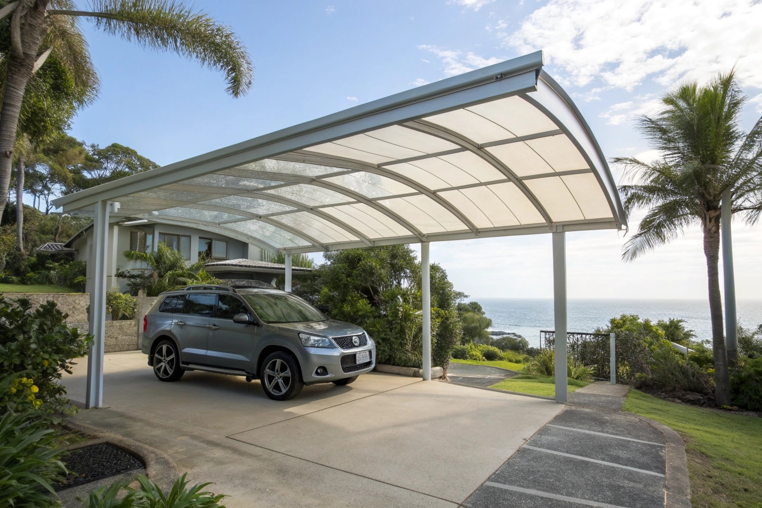 Freestanding carport with polycarbonate roof providing vehicle protection on Sunshine Coast