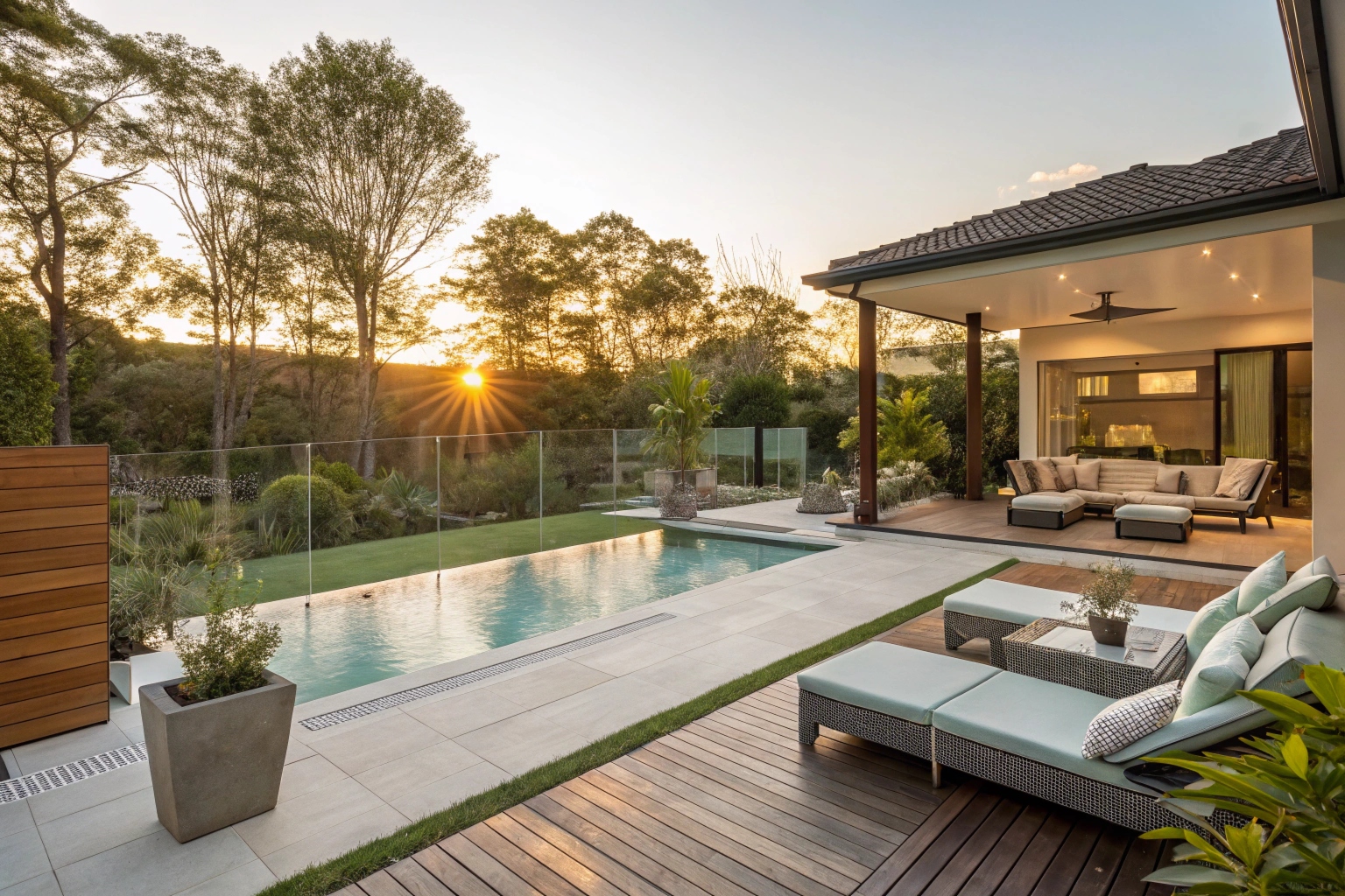 a beautifully landscaped backyard pool with contemporary decking, glass pool fence, and outdoor lounge area in a modern Sunshine Coast home