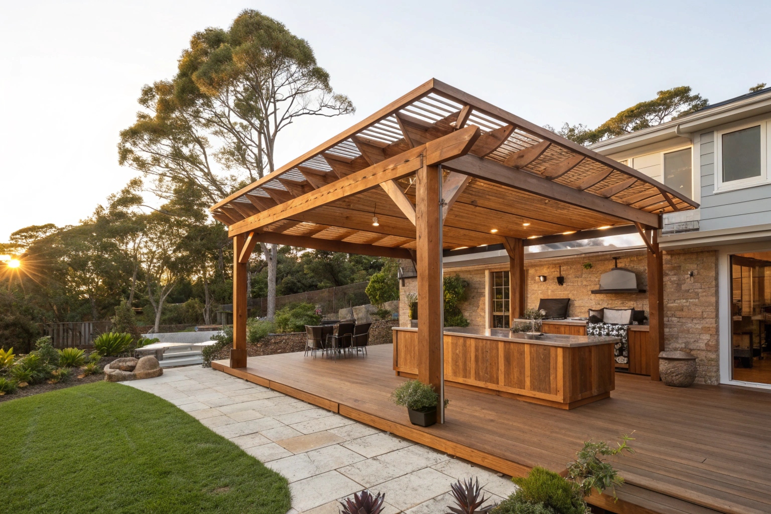 a freestanding pergola in a spacious Australian backyard, spotted gum timber construction, outdoor kitchen area visible
