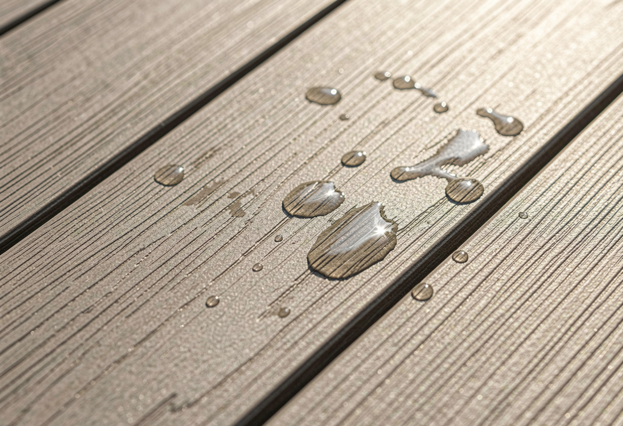 composite decking boards in a warm grey-brown tone